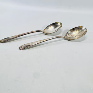 Side view of two 1847 Rogers Bros Daffodil silverplate soup spoons showing bowl depth