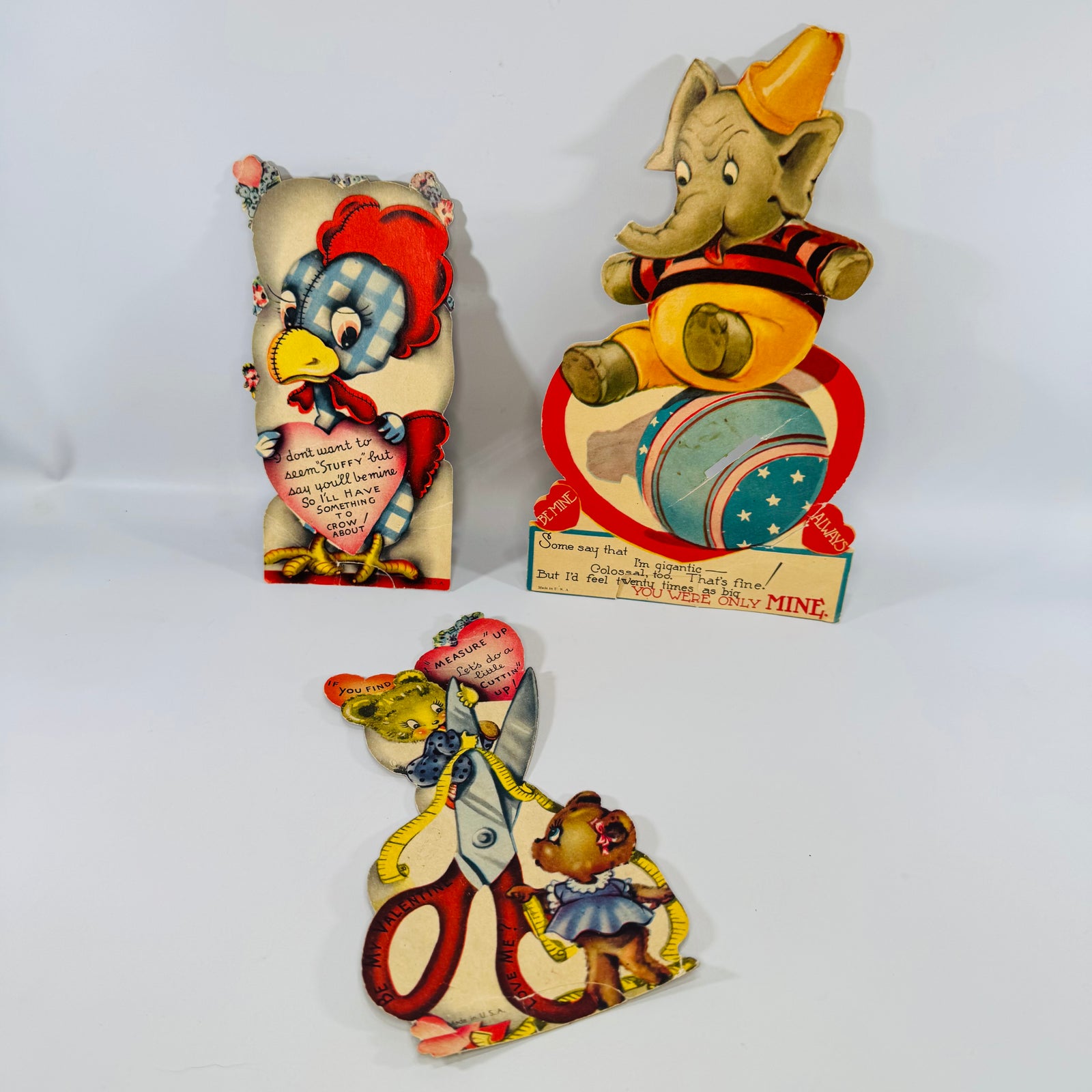 Vintage Valentine Card Bundle of 3 Die Cut Animal Valentines