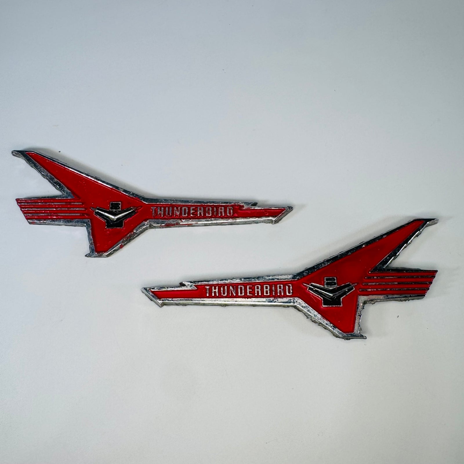 1956 Ford Thunderbird V8 Fender Emblem Pair Red Chrome OEM Fairlane Victoria Crown Victoria Auto Badges