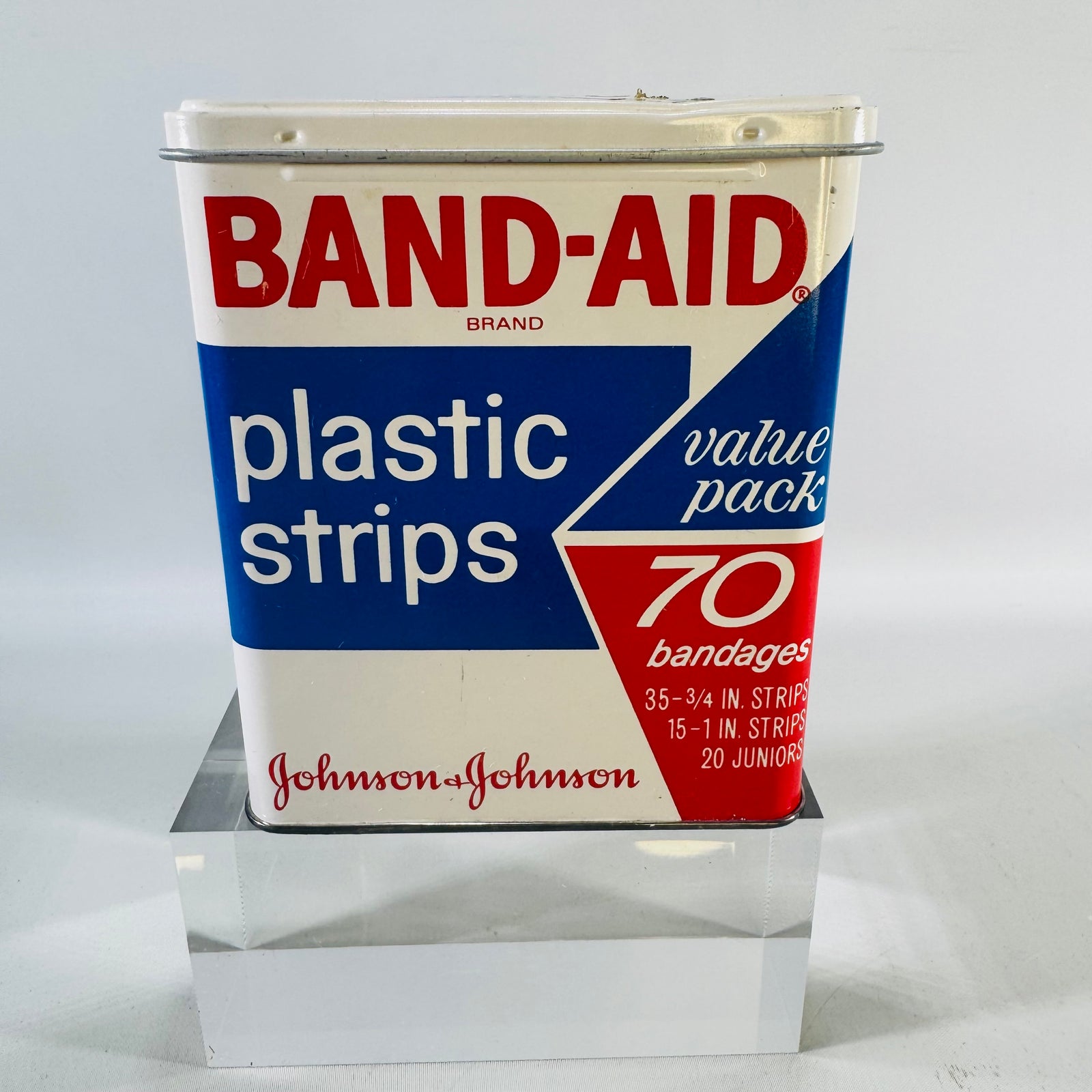 Vintage Band-Aid Metal Tin, 1970s Johnson & Johnson Plastic Strips 70 Bandage Value Pack, Empty Medical Advertising Box