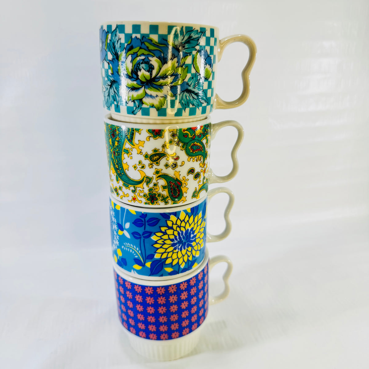 1970s Japan Stacking Coffee Mugs Set of 4 Mismatched Flower Power Cups