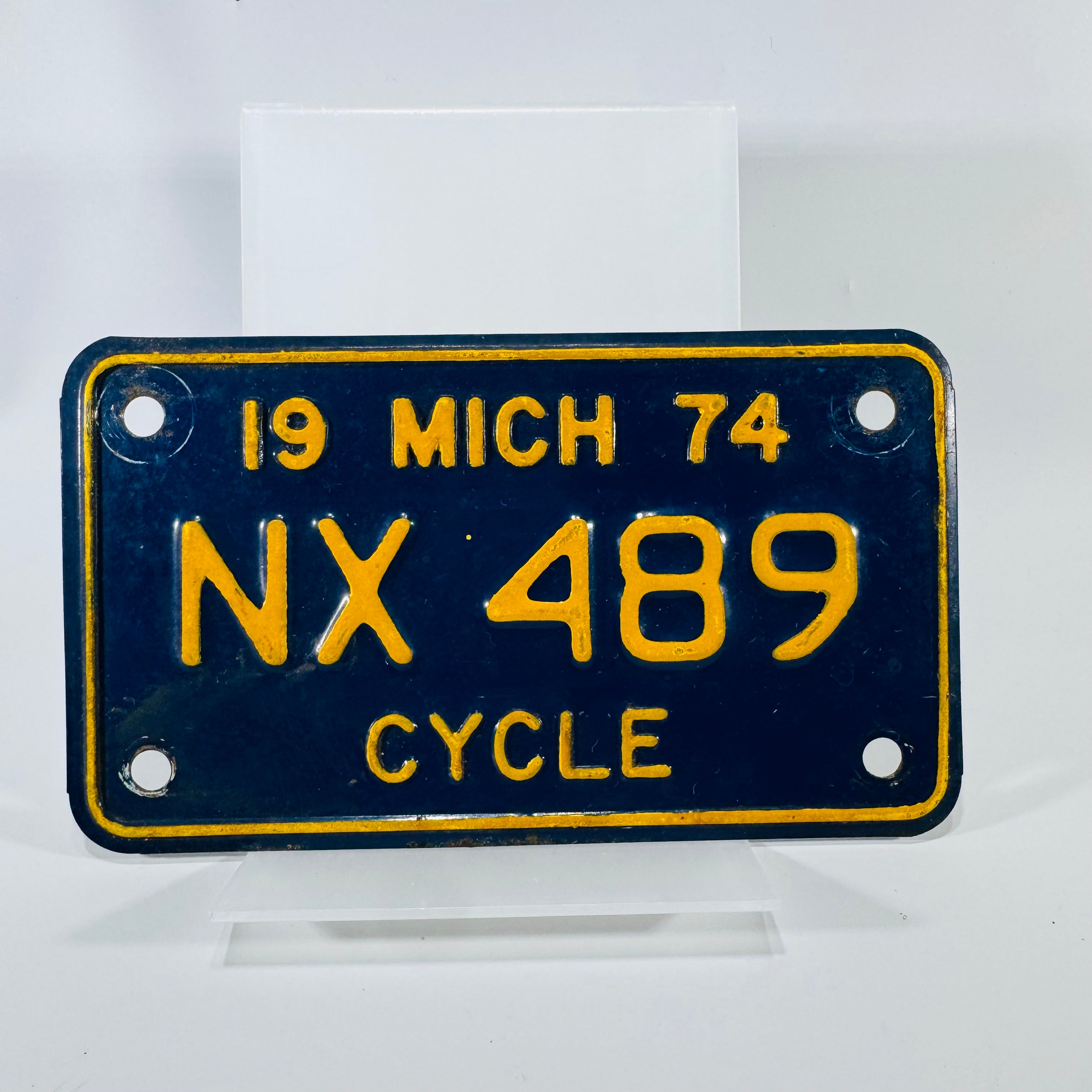 1974 Michigan Motorcycle License Plate NX489 Vintage Blue Yellow