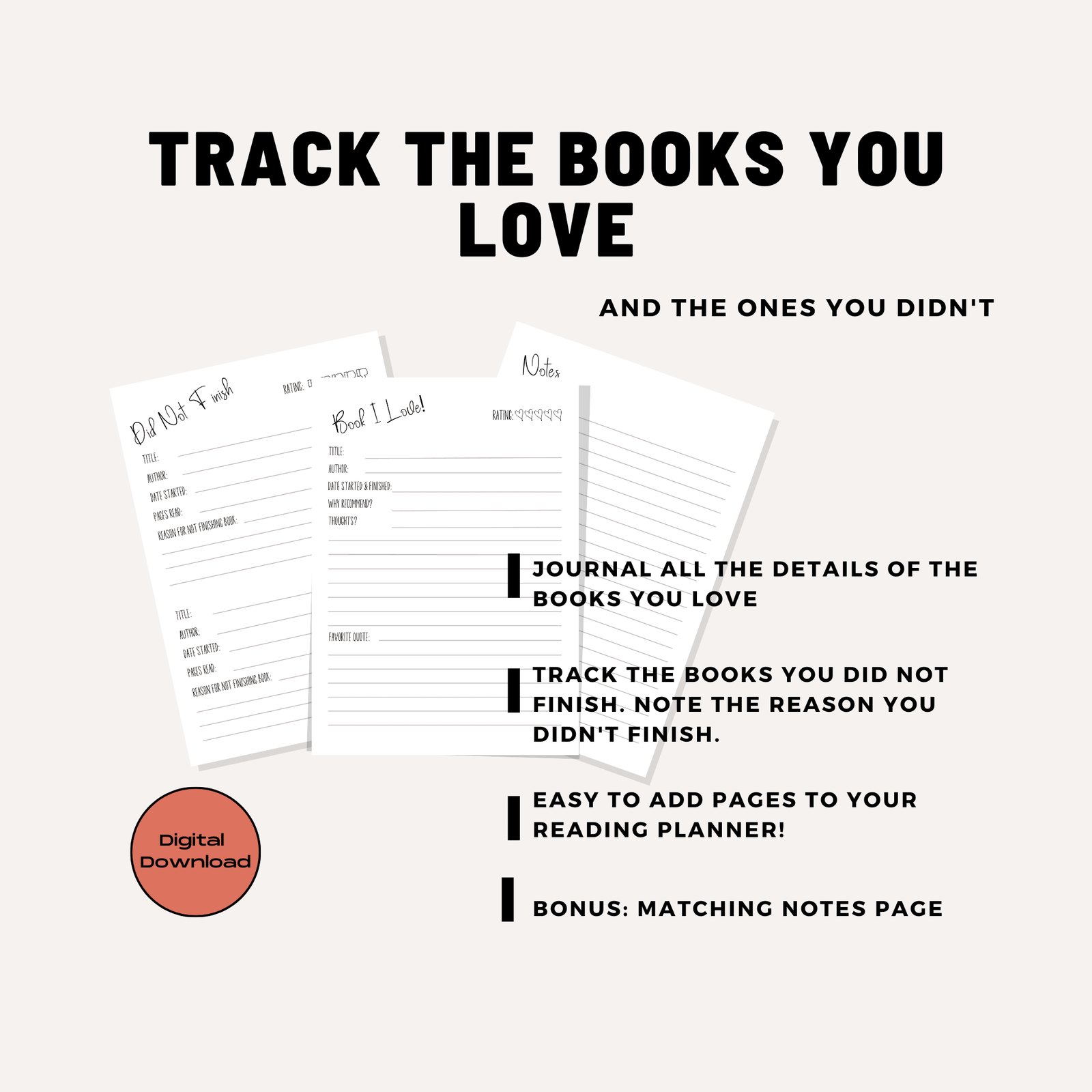 Track the Books You Love Did Not Finish Notes Page Printable Pages Rate Review Add to your Reading Planner PDF Letter A-5 Instant Download