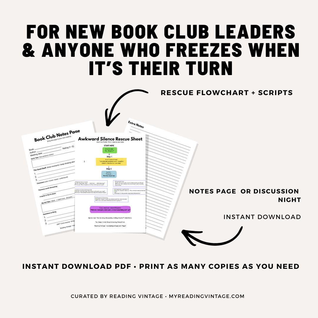 Three-page book club games printable with an awkward silence rescue flowchart, discussion scripts, and book club notes pages from Reading Vintage.”