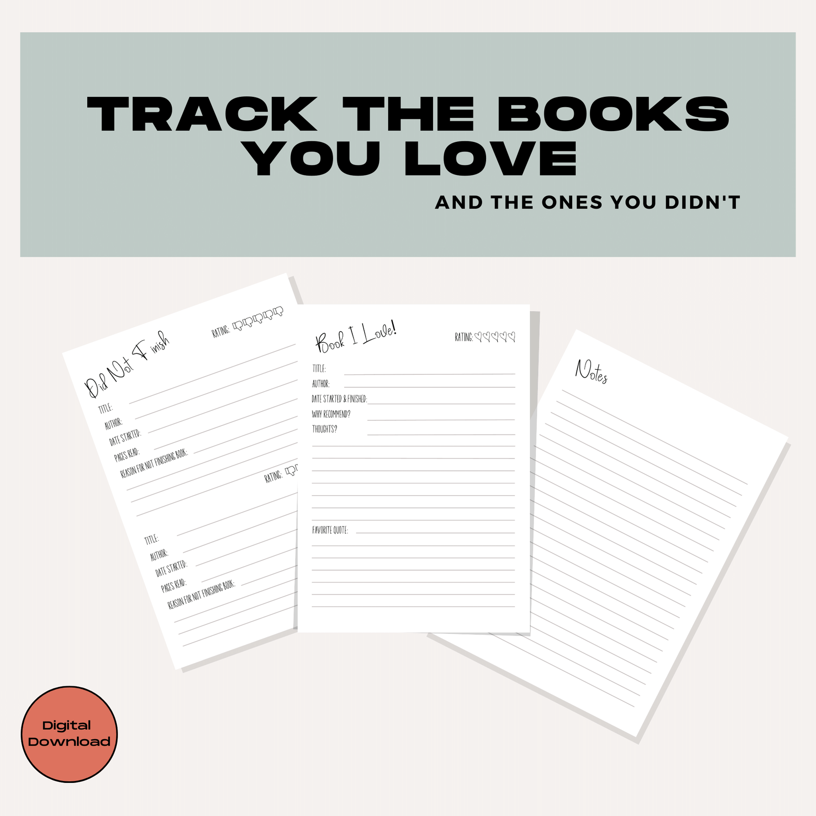 Track the Books You Love Did Not Finish Notes Page Printable Pages Rate Review Add to your Reading Planner PDF Letter A-5 Instant Download