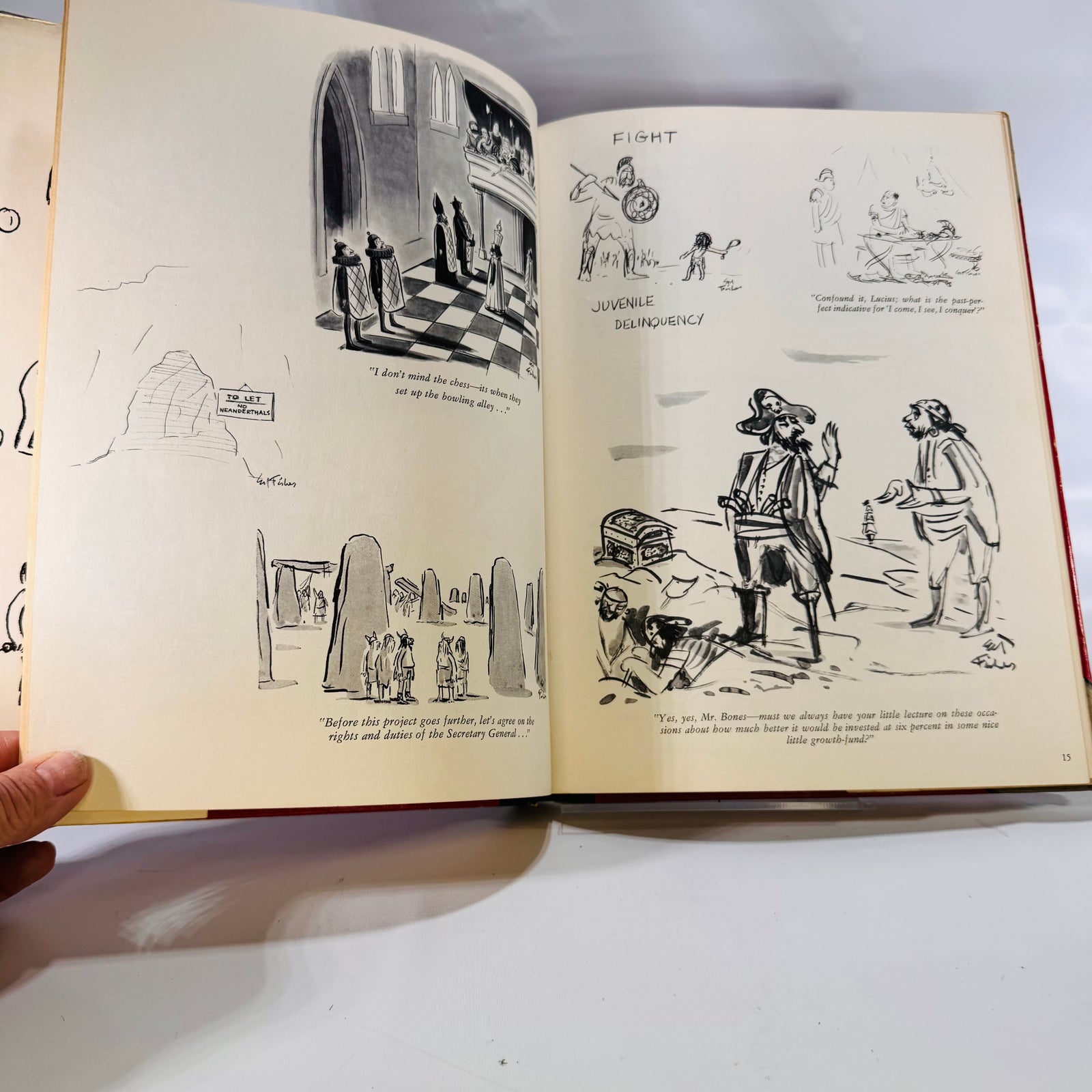 Ed Fisher's Domesday Book 1961 open to castle and pirate cartoons