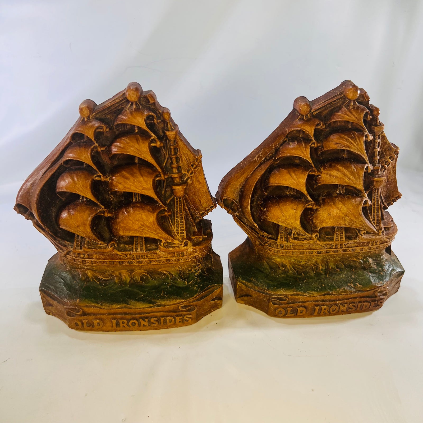 Pair of Old Ironside USS Constitution Ship Wooden Bookends 1940s  Decorative Tall Ships for your Library