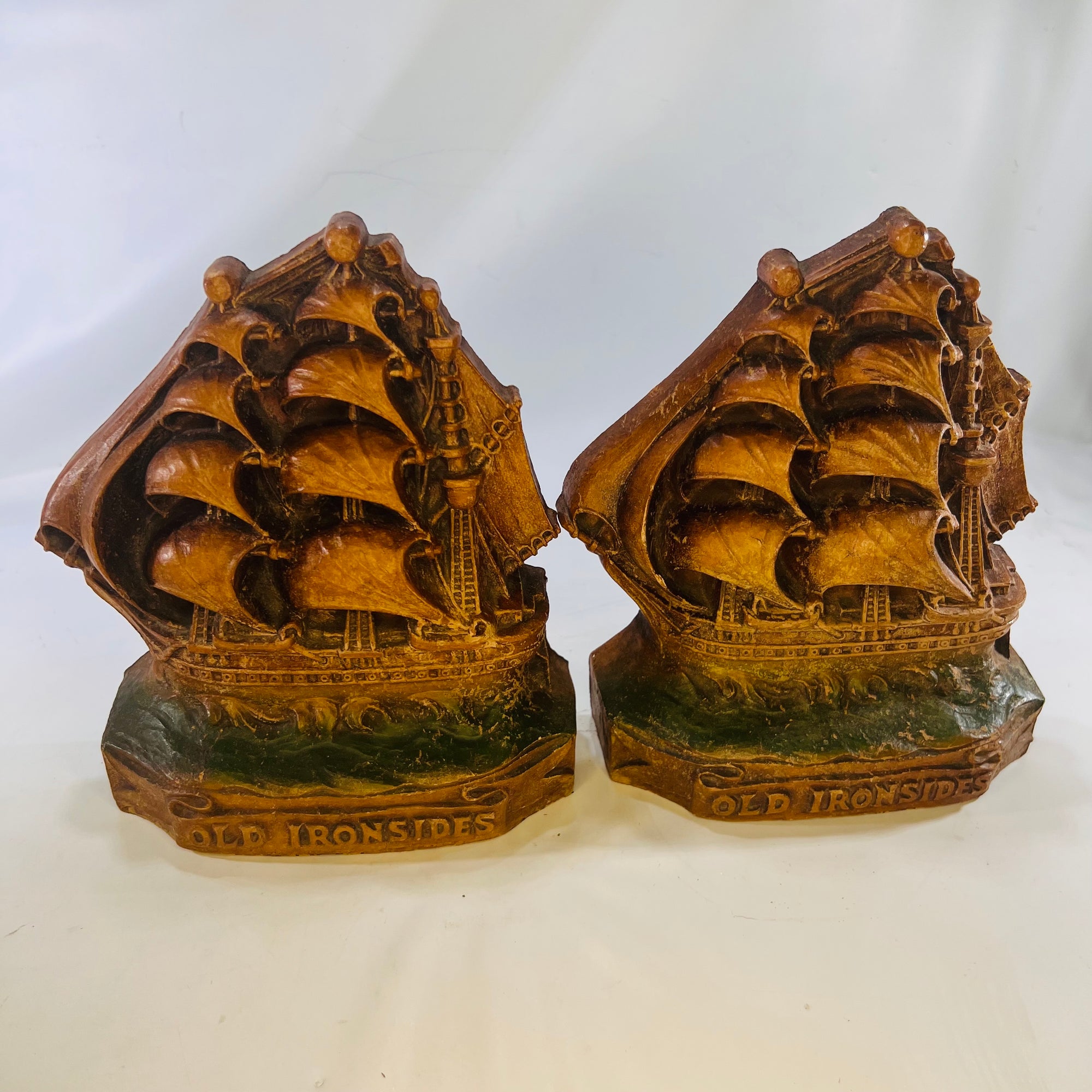 Pair of Old Ironside Ship Wooden Bookends 1940s-Reading Vintage