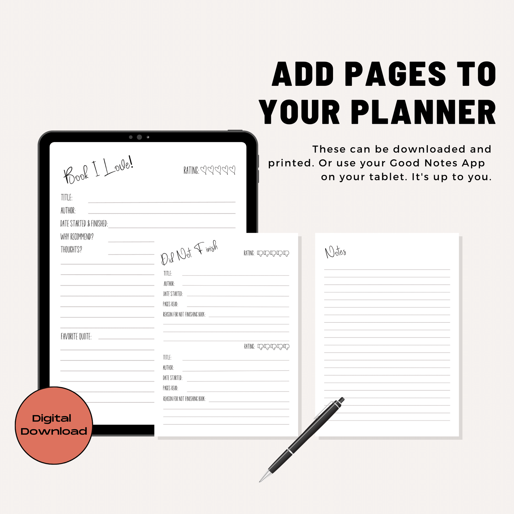 Track the Books You Love Did Not Finish Notes Page Printable Pages Rate Review Add to your Reading Planner PDF Letter A-5 Instant Download