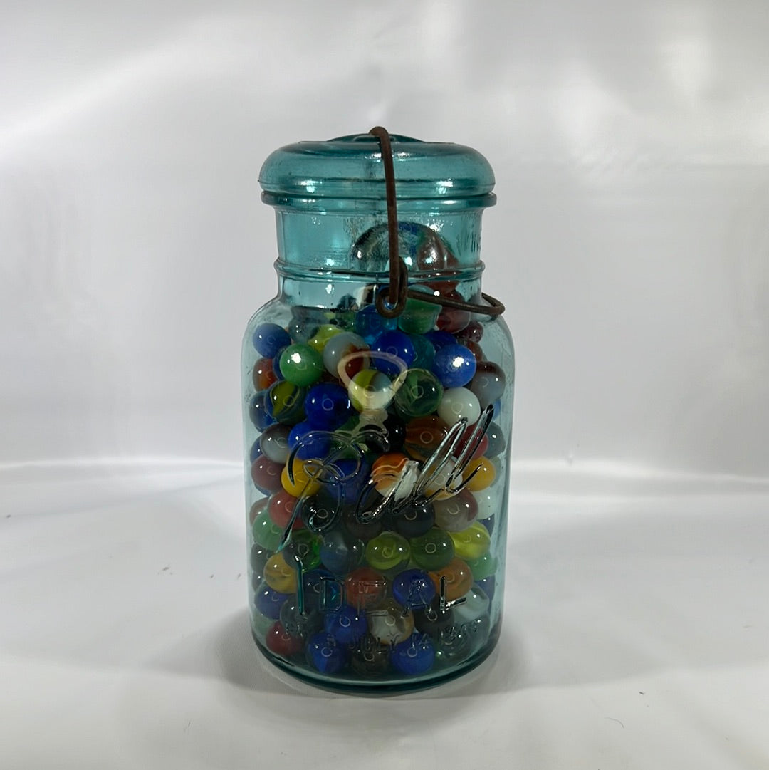 Blue Ball Ideal Quart Jar with Wire Slide Glass Lid filled with Colorful Marbles Vintage Decor