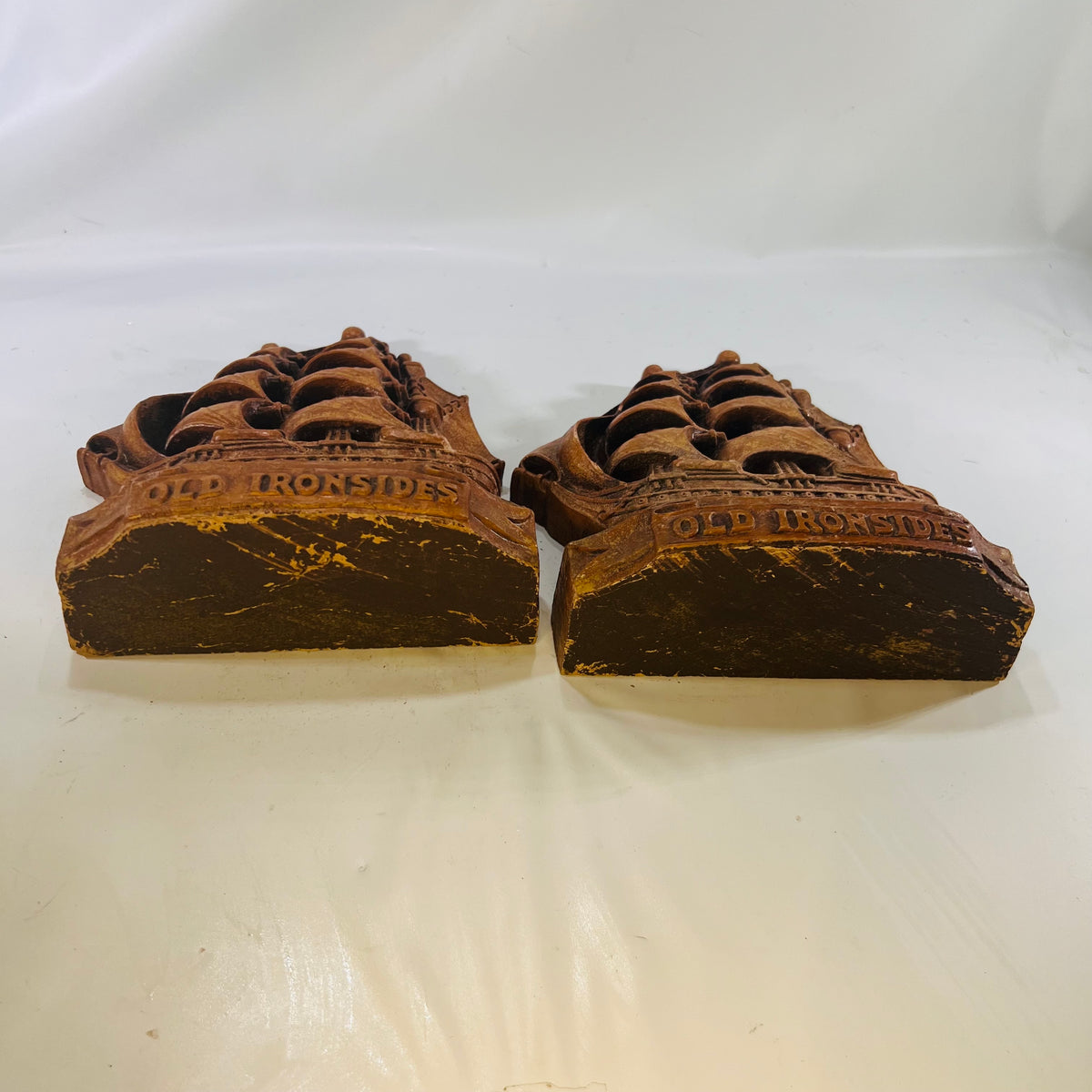 Pair of Old Ironside USS Constitution Ship Wooden Bookends 1940s  Decorative Tall Ships for your Library