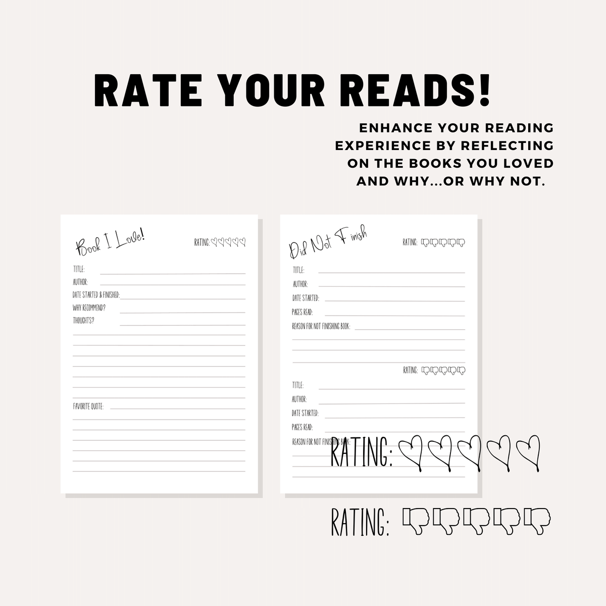 Track the Books You Love Did Not Finish Notes Page Printable Pages Rate Review Add to your Reading Planner PDF Letter A-5 Instant Download