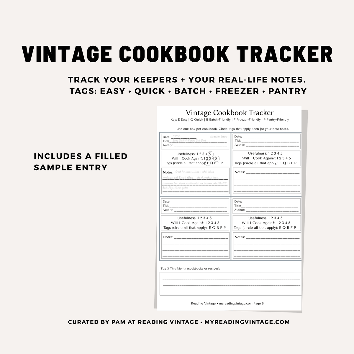 Vintage Cookbook Toolkit Printable PDF – 2026 Edition (Estate Sale + Collector + Cookbook Club)