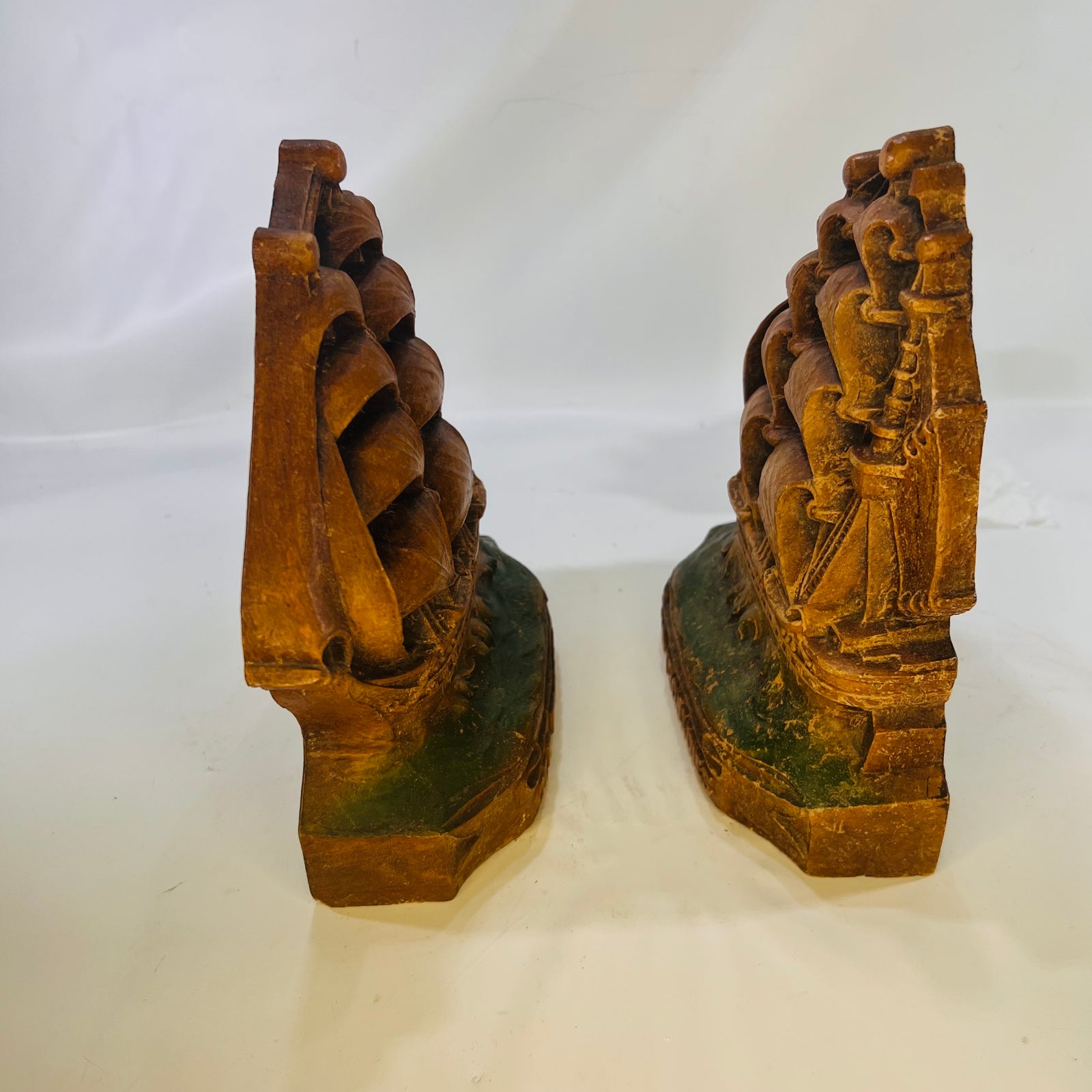 Pair of Old Ironside USS Constitution Ship Wooden Bookends 1940s  Decorative Tall Ships for your Library