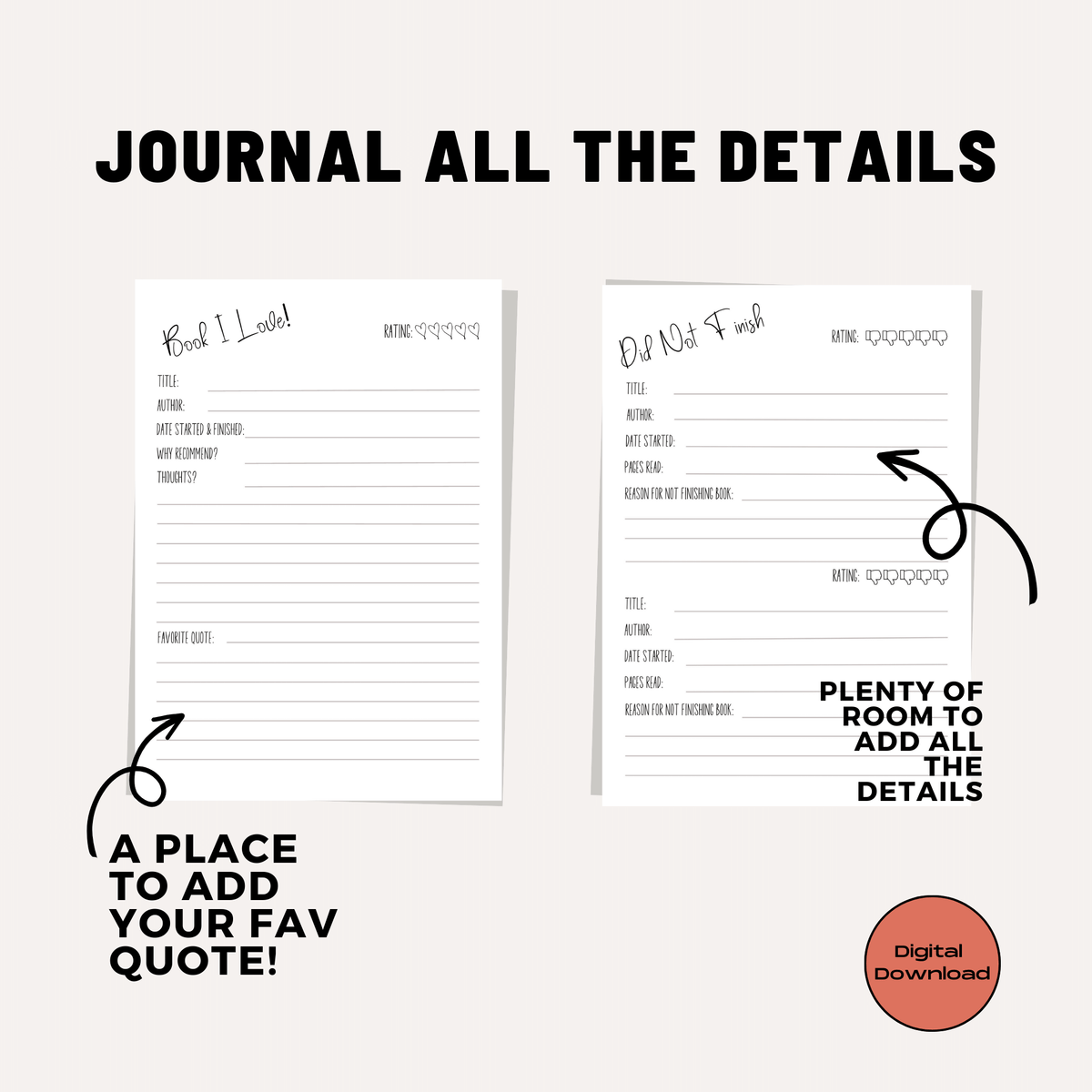 Track the Books You Love Did Not Finish Notes Page Printable Pages Rate Review Add to your Reading Planner PDF Letter A-5 Instant Download