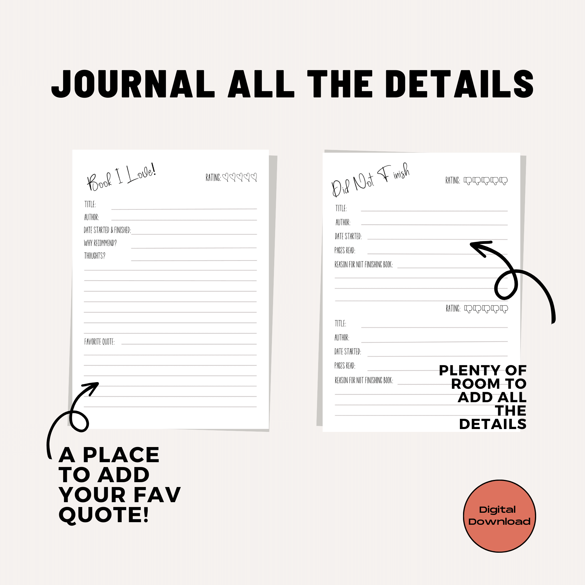 Book Review & Reading Journal Printable Instant Download PDF