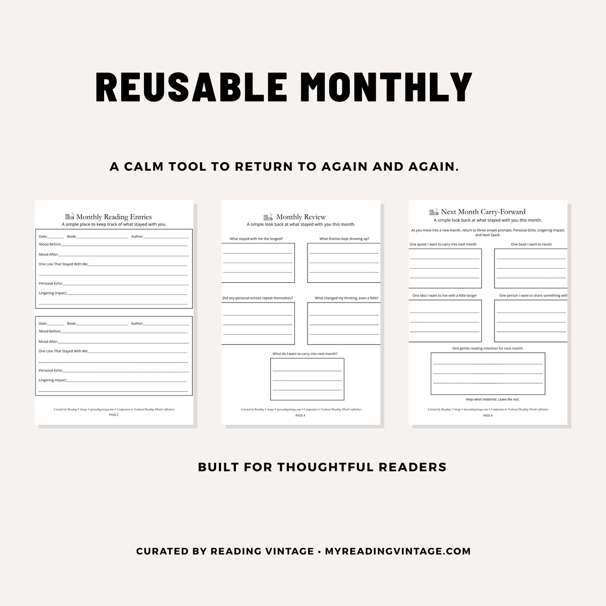 Monthly Reading & Reflection Tracker Printable | 6-Page Reading Journal PDF