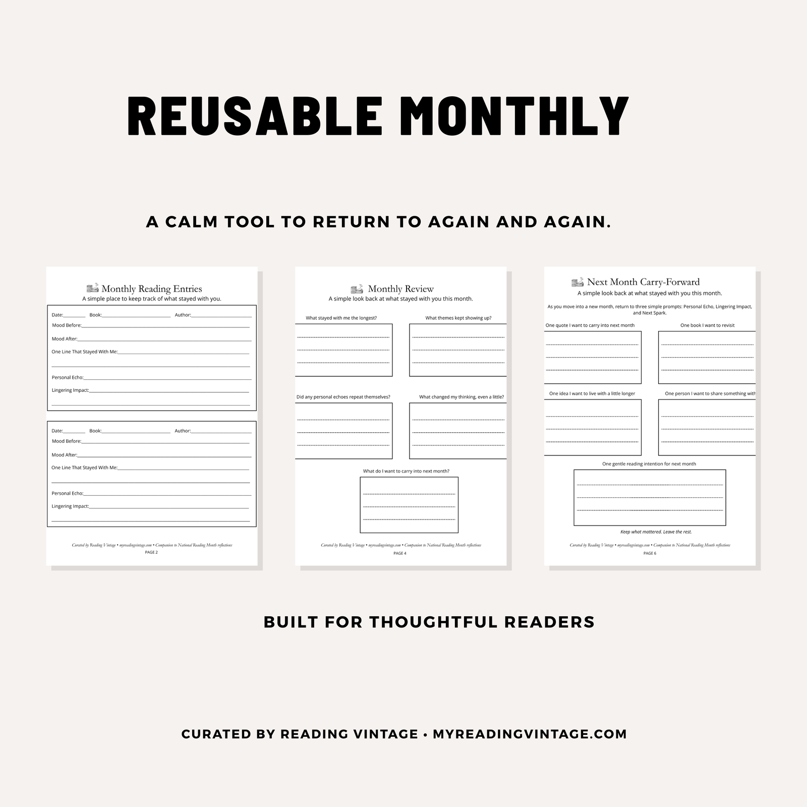Monthly Reading & Reflection Tracker Printable | 6-Page Reading Journal PDF