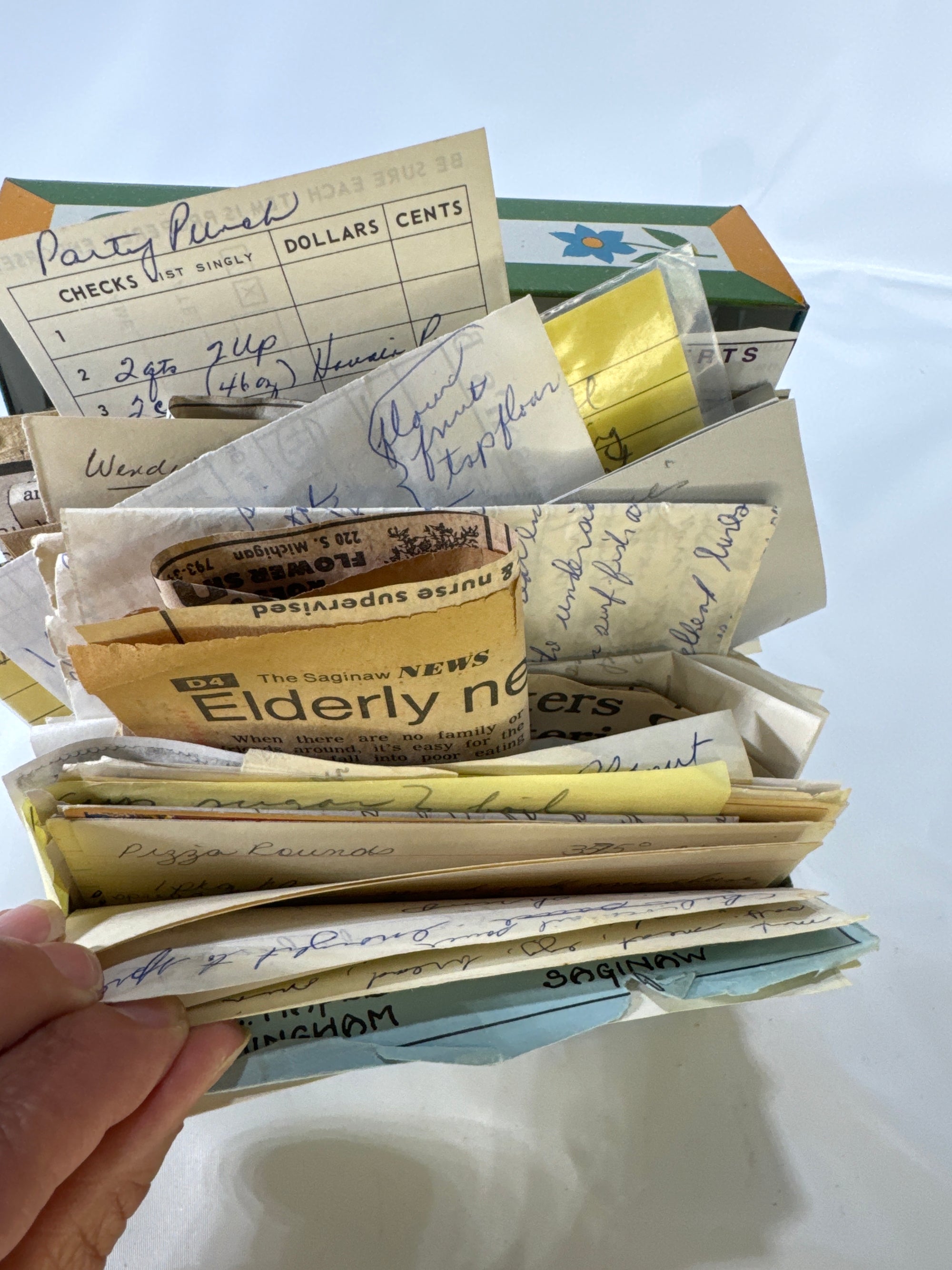 Vintage Cute Floral Metal Recipe Box Packed full of Handwritten, Newspaper and Magazine Recipes Clippings