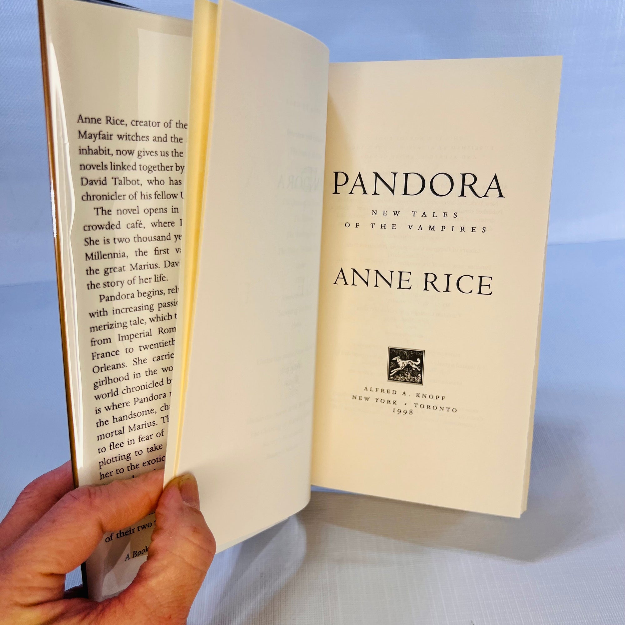 Pandora: New Tales of the Vampires by Anne Rice 1998 First Trade Edition Alfred A. Knopf