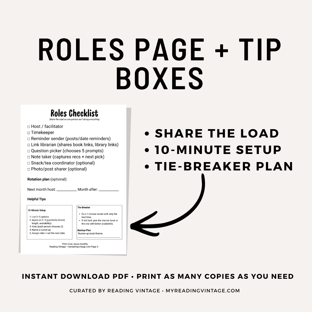Book Club in 10 Minutes: Vote + Plan + Roles (PDF Printable)