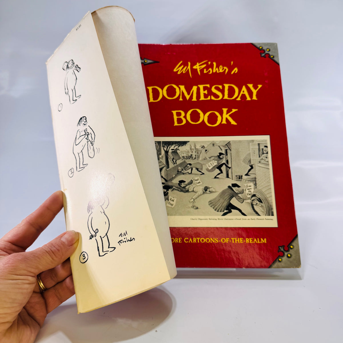 Ed Fisher's Domesday Book 1961, front endpaper cartoon beside the jacket front