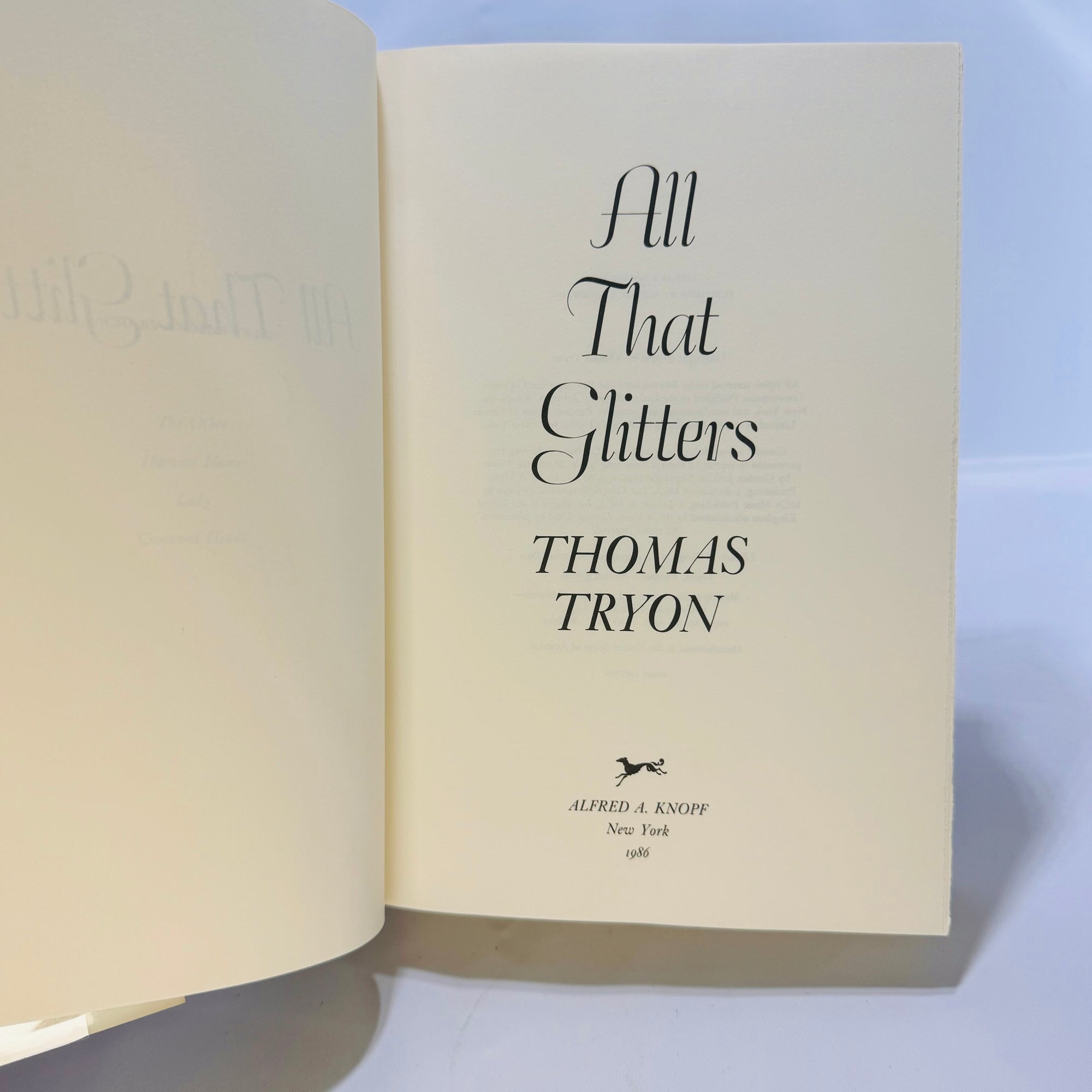 All That Glitters by Thomas Tryon 1986 Alfred A. Knopf