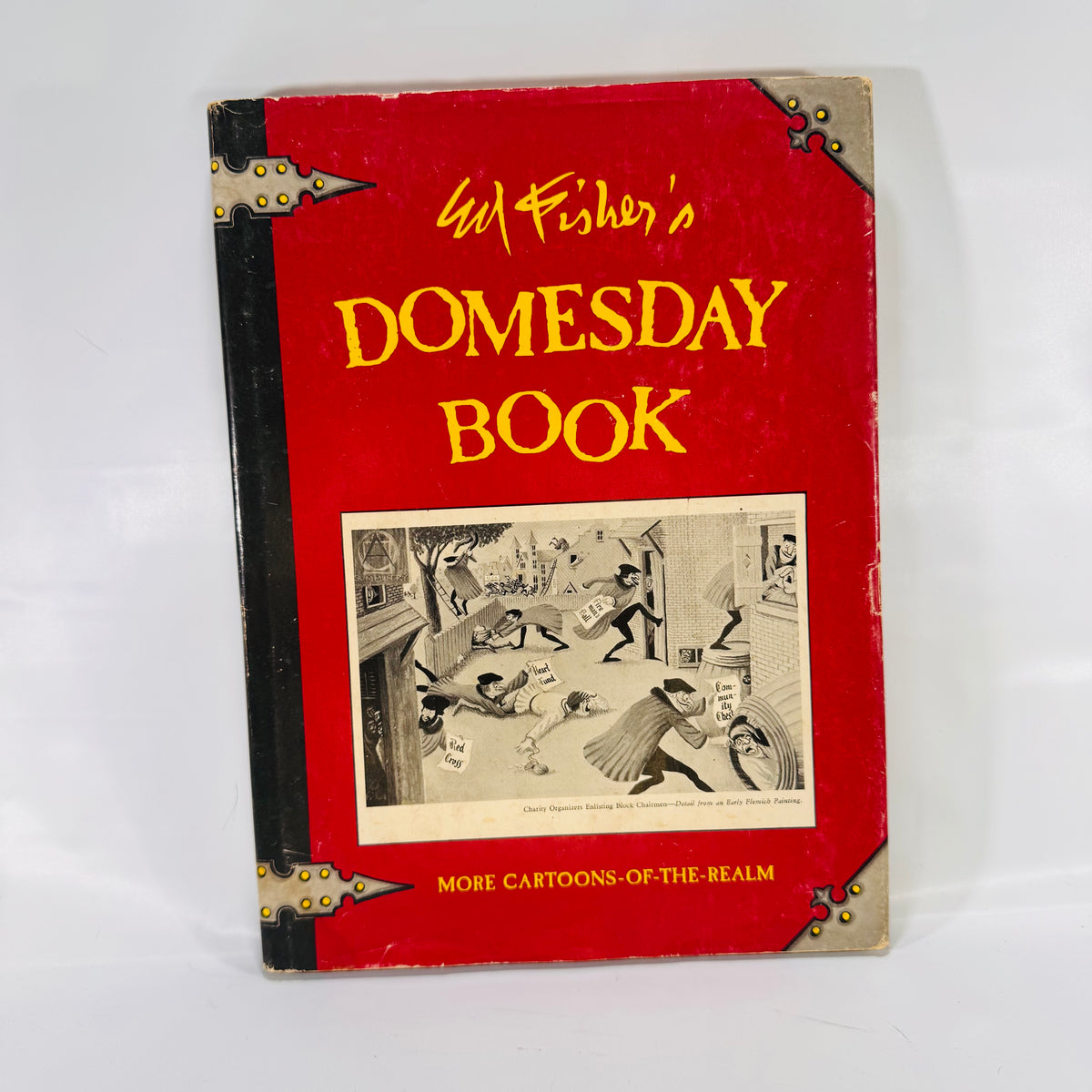 Ed Fisher's Domesday Book 1961 dust jacket front, red with cartoon panel
