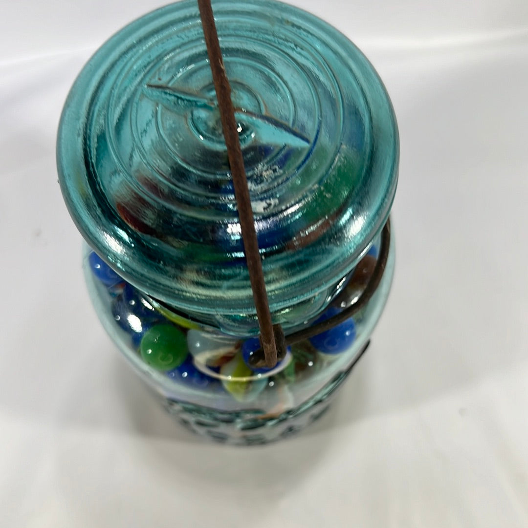 Blue Ball Ideal Quart Jar with Wire Slide Glass Lid filled with Colorful Marbles Vintage Decor