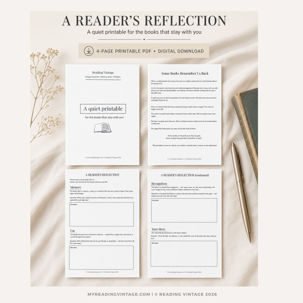 A Reader’s Reflection Printable PDF | Vintage Book Journal Worksheet | Reading Reflection Digital Download