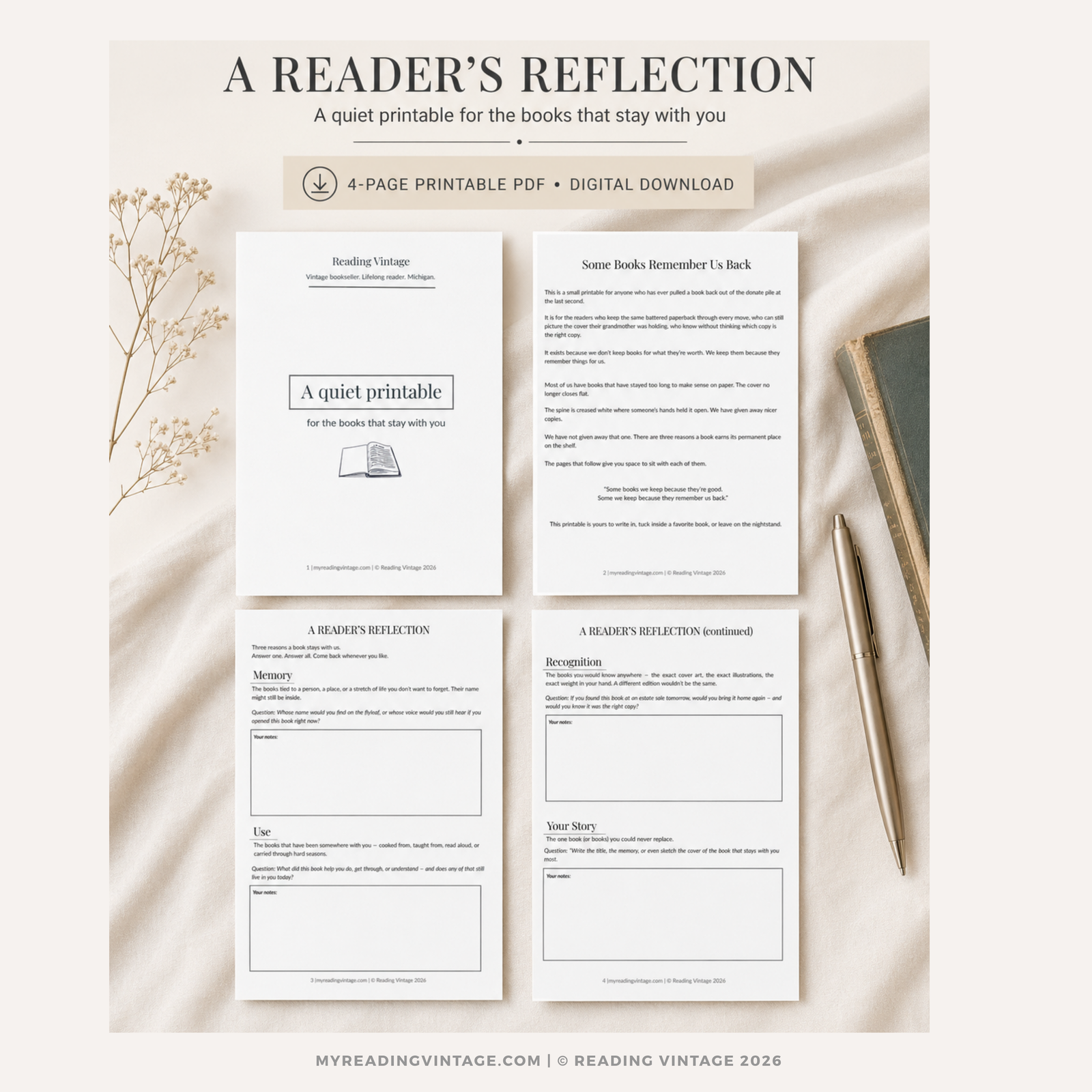 A Reader’s Reflection Printable PDF | Vintage Book Journal Worksheet | Reading Reflection Digital Download