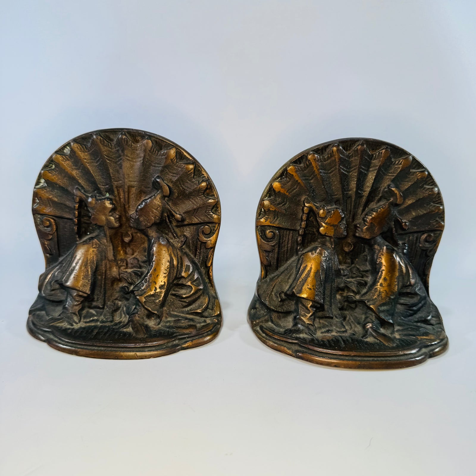 Antique Art Deco Siam Lovers Bookends, Kissing Couple Cast Metal Bookends, 1920s 1930s Copper Finish Library Decor Pair