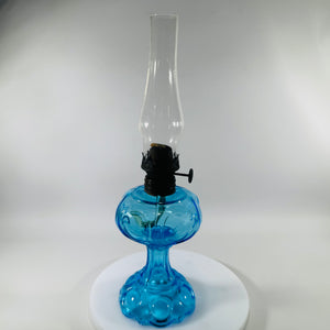 Antique Blue Miniature Kerosene Lamp w Chimney, Daisy Bullseye Glass Oil Lamp, Small Night Light,