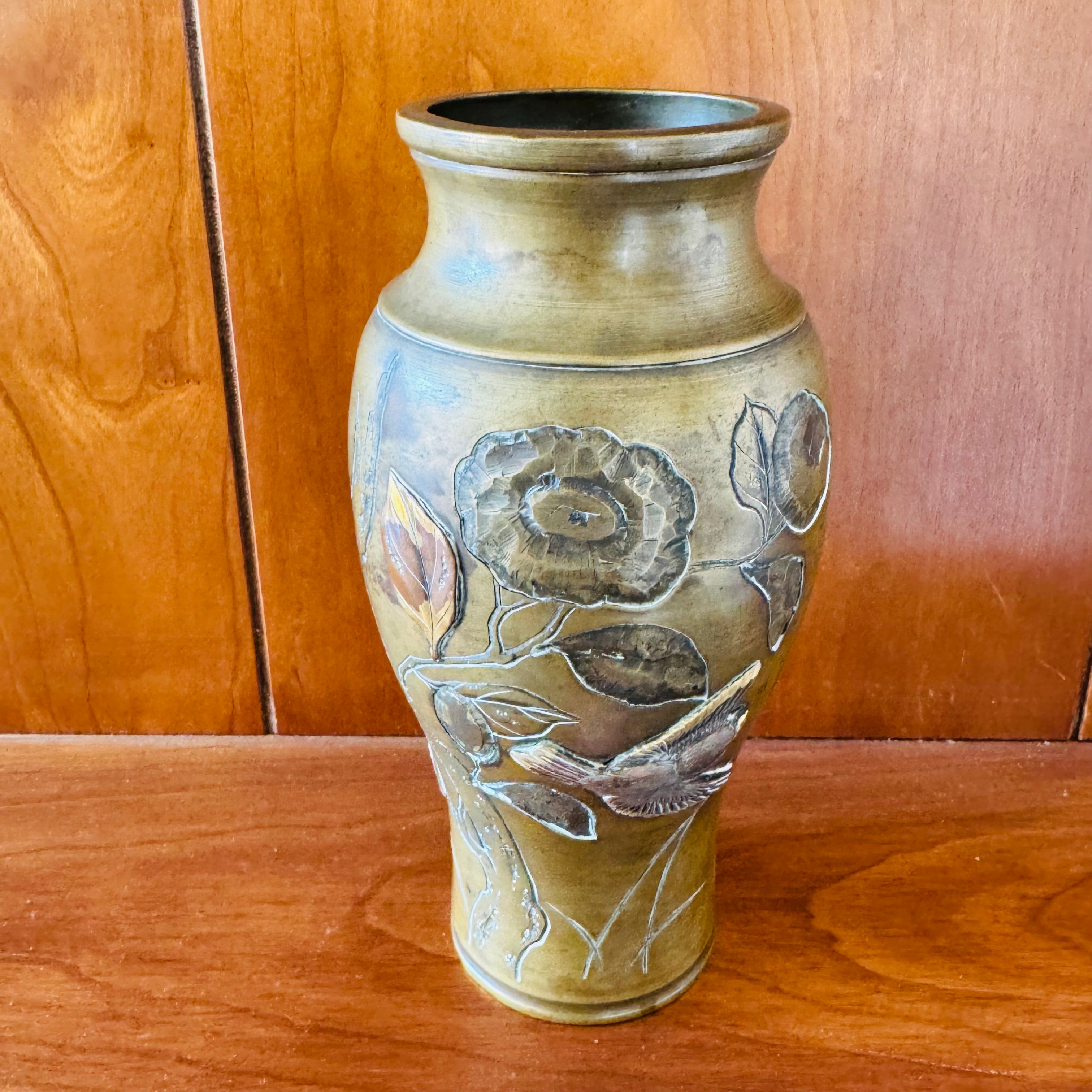 Antique Meiji Japanese Mixed Metal Bronze Vase Bird Floral Relief 7” Kacho-ga Art Metal Vase