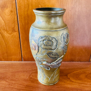 Antique Meiji Japanese Mixed Metal Bronze Vase Bird Floral Relief 7” Kacho-ga Art Metal Vase