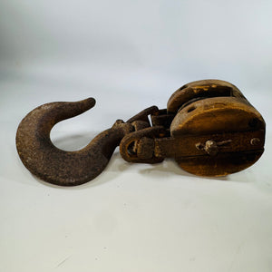 Antique Wood Pulley with Iron Hook | Rustic Barn Block Tackle Decor