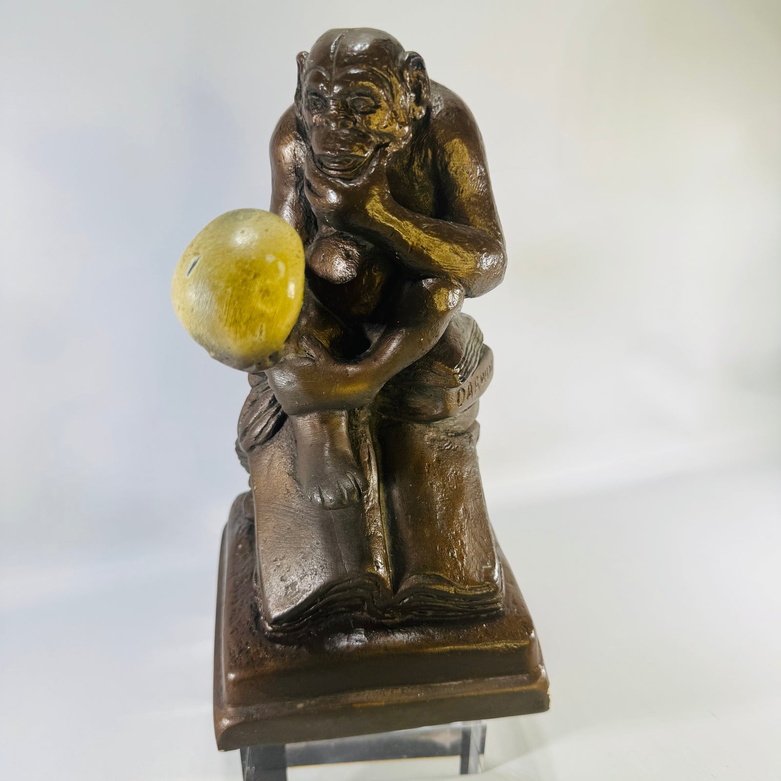 1962 Austin Productions Darwin Monkey Statue, Ape With Skull Thinker Chalkware Sculpture, 10 Inch
