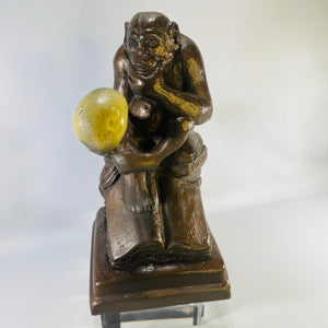 1962 Austin Productions Darwin Monkey Statue, Ape With Skull Thinker Chalkware Sculpture, 10 Inch