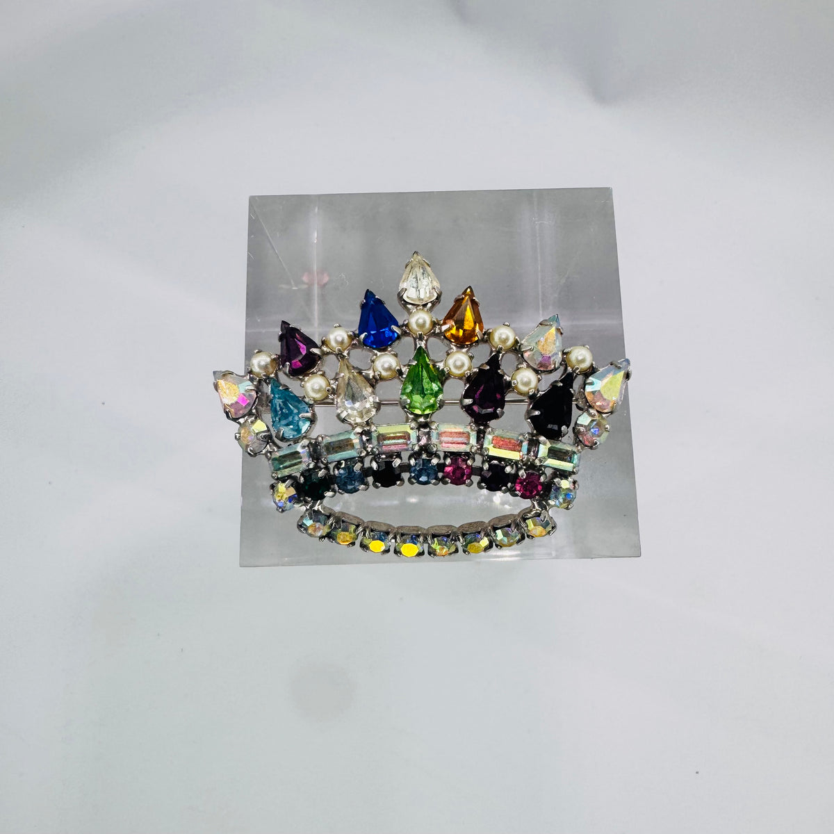 B David Mother's Crown Brooch Vintage Rhinestone Faux Pearl Tiara Pin