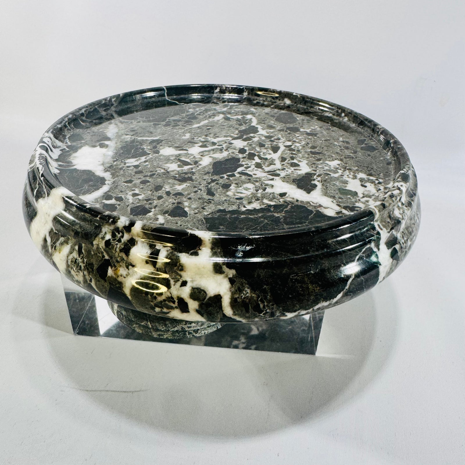 Black Marble Pedestal Stand Vintage 5.5 Inch Polished Stone Display Plinth White Veining