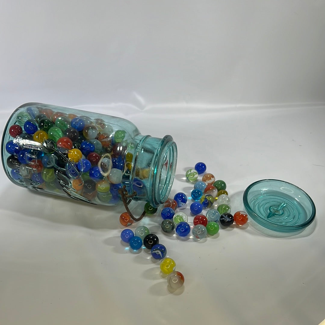 Blue Ball Ideal Quart Jar with Wire Slide Glass Lid filled with Colorful Marbles Vintage Decor