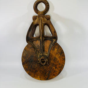Antique Ney Hay Carrier Pulley Open Throat Cast Iron Wood Farm Barn Pulley Industrial Steampunk Salvage Decor