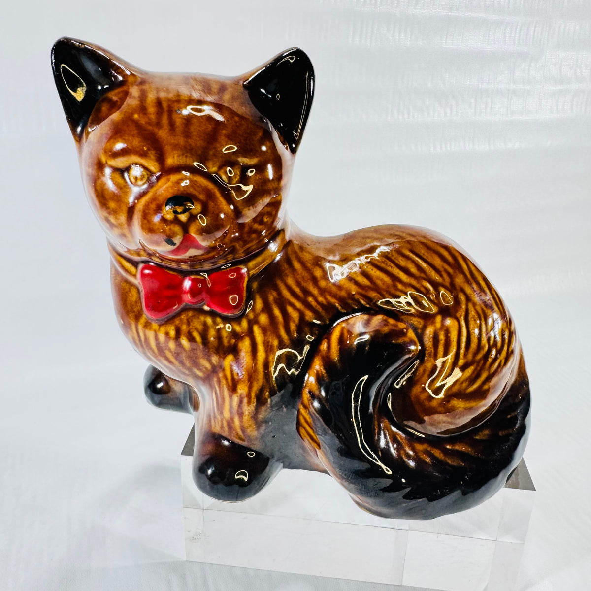 MCS Brazil Handcrafted Collectibles Cat Figurine 1980s Red Bow Tie Brown Black Glaze