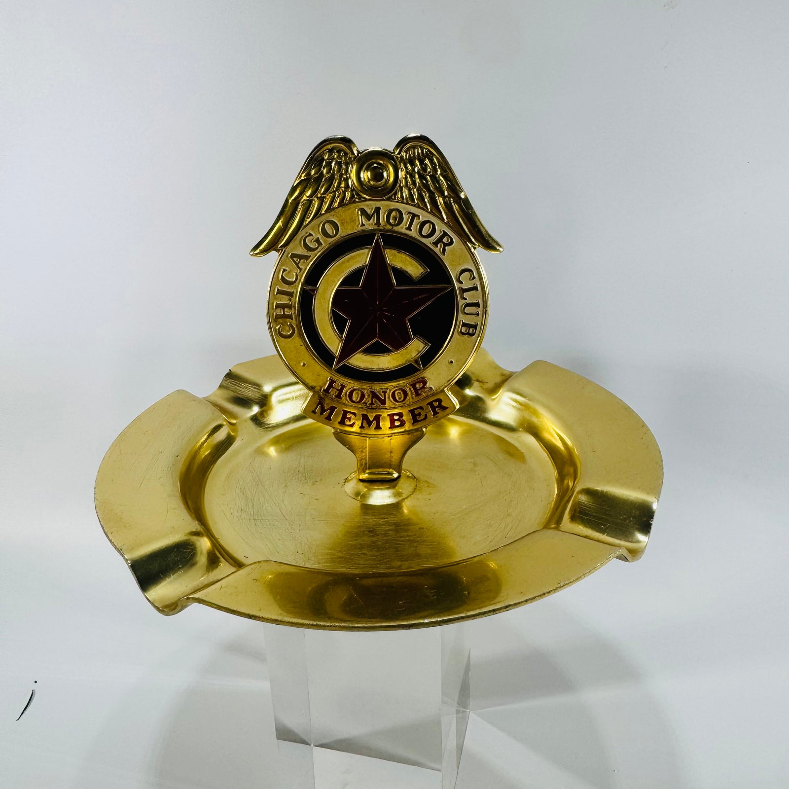 Chicago Motor Club Honor Member Brass Enamel Ashtray 1920s to 1940s Automotive Advertising