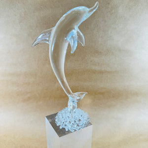 Clear Glass Leaping Dolphin Figurine 1970s Murano Style Art Glass Sculpture