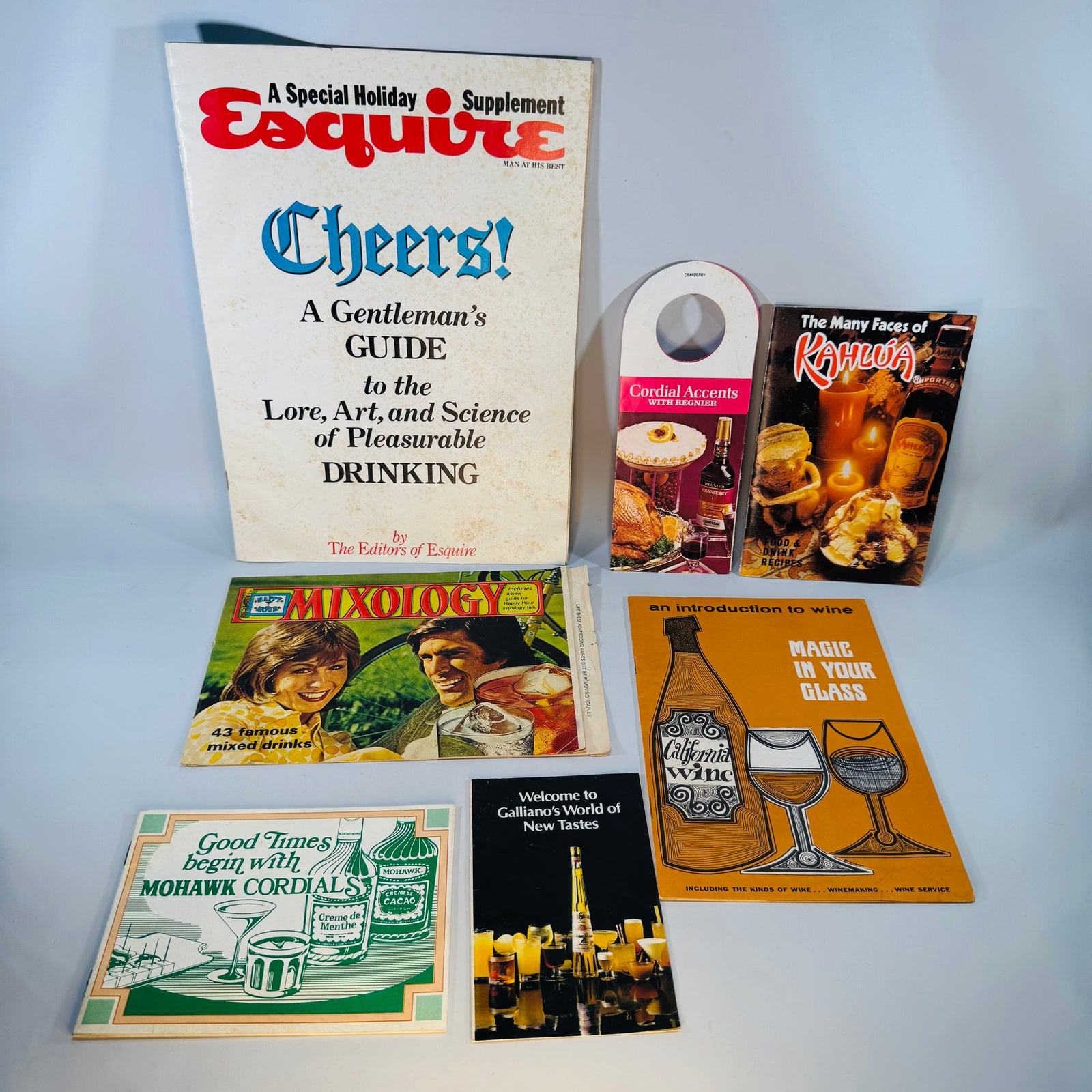 Vintage Cocktail Recipe Ephemera Bundle — Esquire Cheers! Supplement + Kahlúa, Galliano, Wine & Cordial Booklets (1966–1981) — Editors of Esquire and assorted makers | Retro bar paper lot, Cocktail & Wine Ephemera