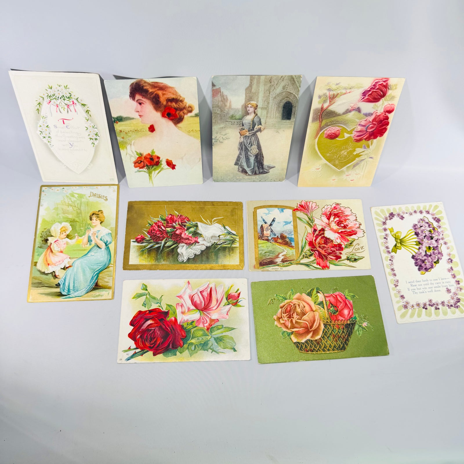 Antique Victorian & Edwardian Postcard Lot of 10, Embossed Floral Greeting Cards, Antique Paper Ephemera Collection