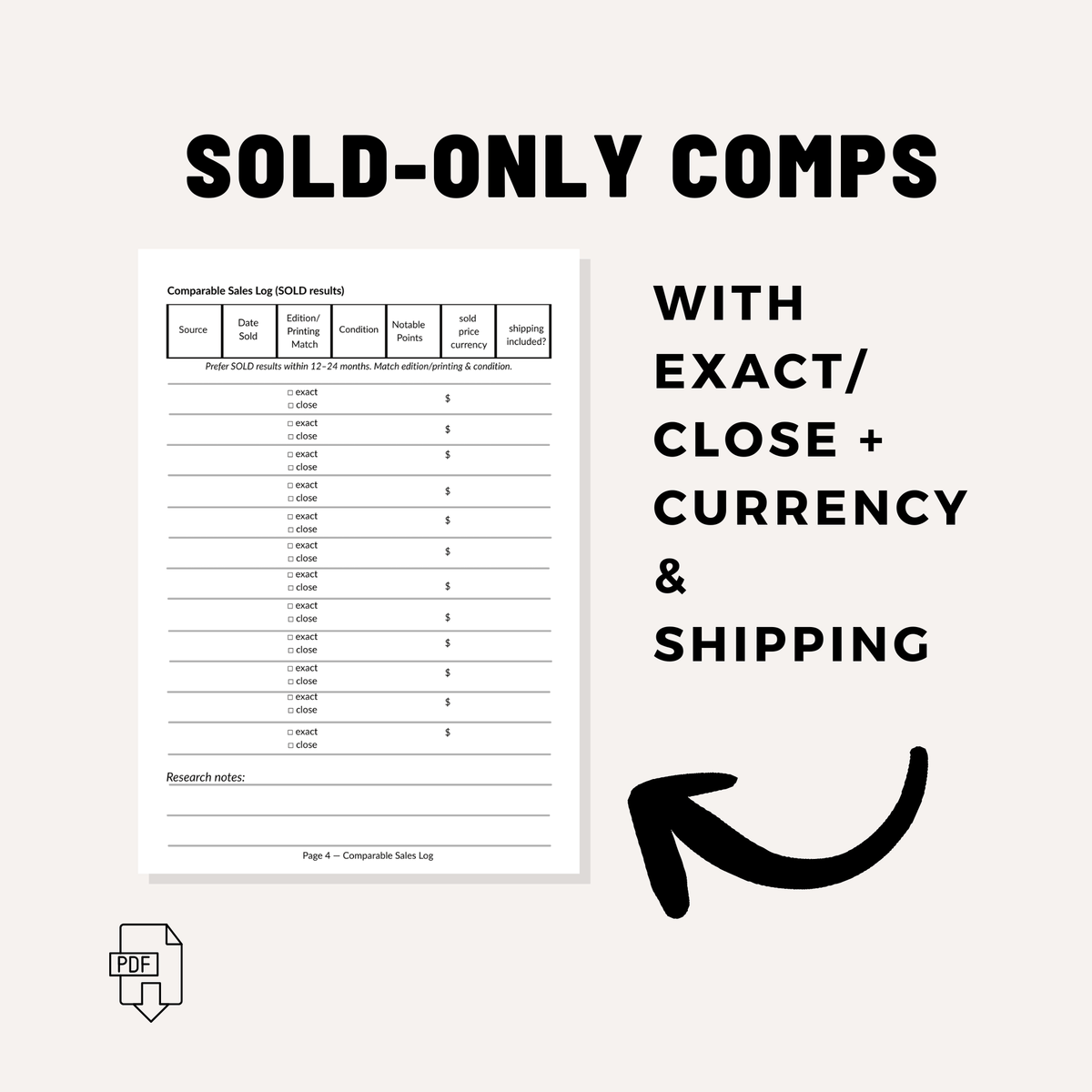 Vintage Book Valuation Worksheet (6 Pages) – Printable PDF for Buyers & Sellers | Condition, Edition & SOLD Comps