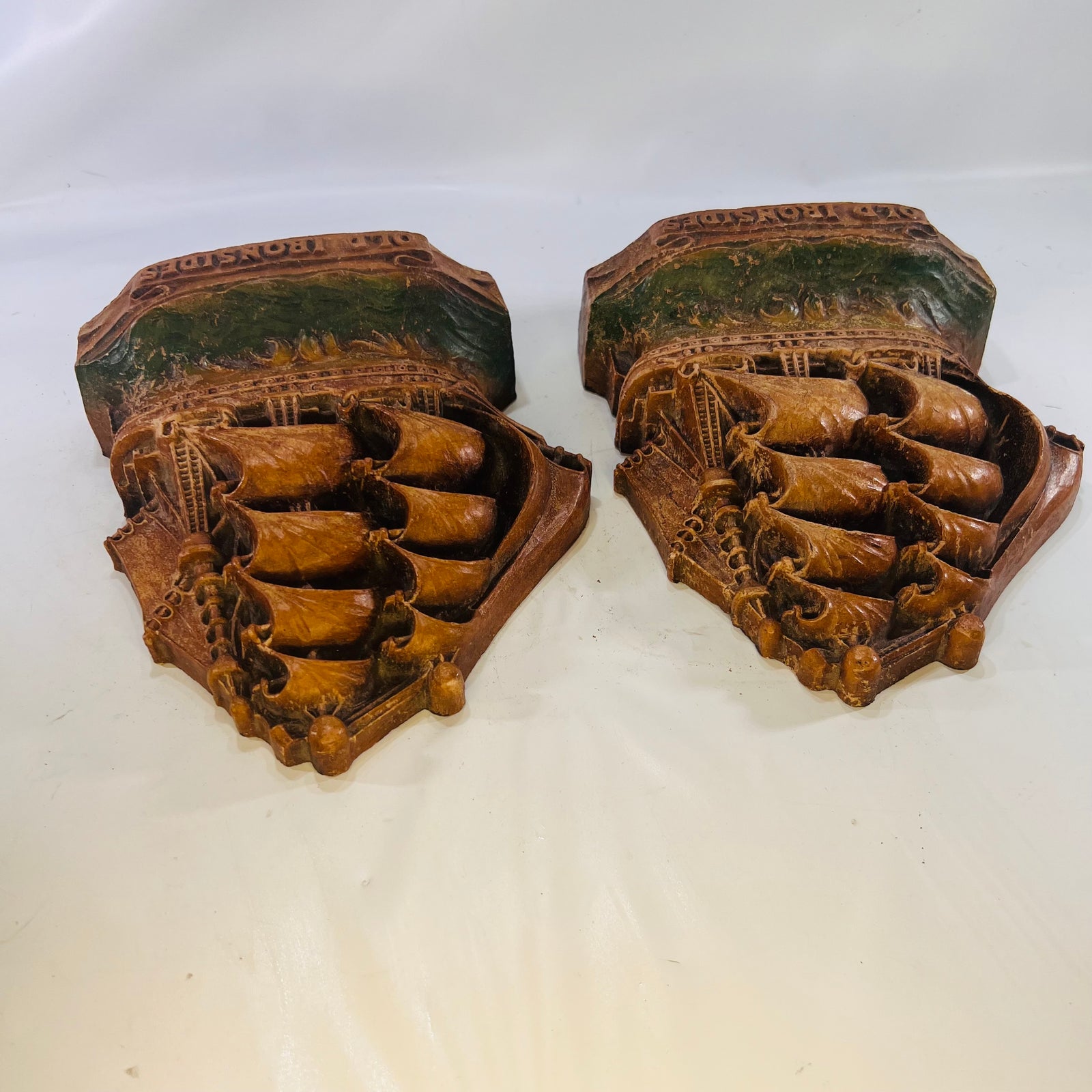 Pair of Old Ironside USS Constitution Ship Wooden Bookends 1940s  Decorative Tall Ships for your Library