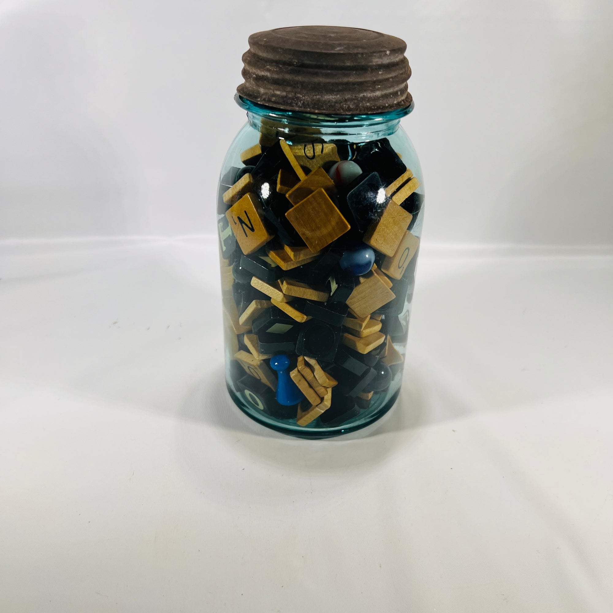 Blue Ball Perfect Quart Jar with Zinc Lid filled with Wood Plastic Scrabble Tiles Marbles Vintage Decor